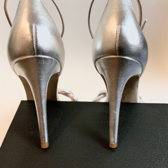 Rachel Zoe Ashton Silver Leather Stiletto Heel Pumps Ankle Strap open toe Sandal - Picture 9 of 16